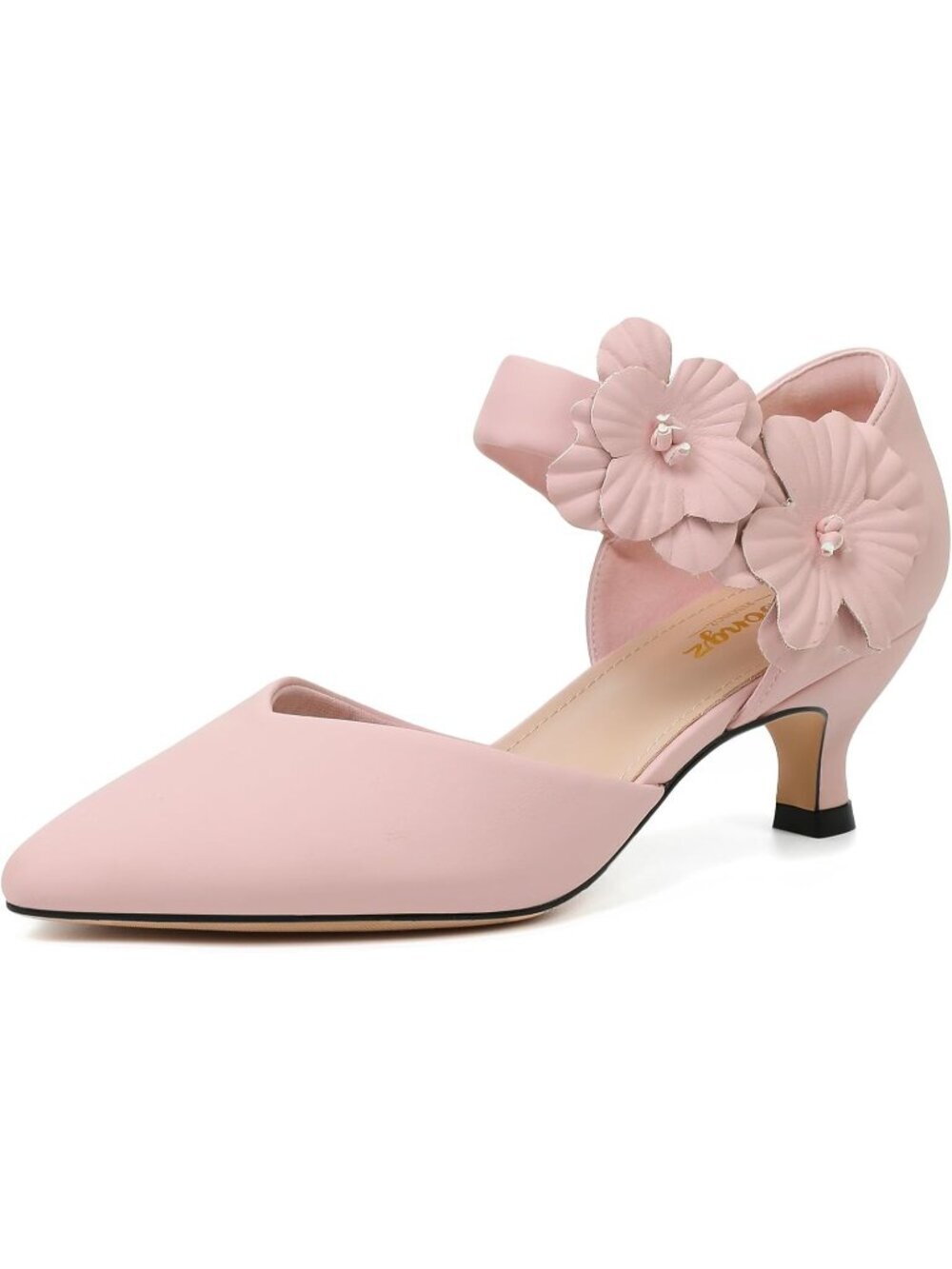 Women's Pink Kitten Heels Closed Toe Slip On Comfortable Flower Shoes